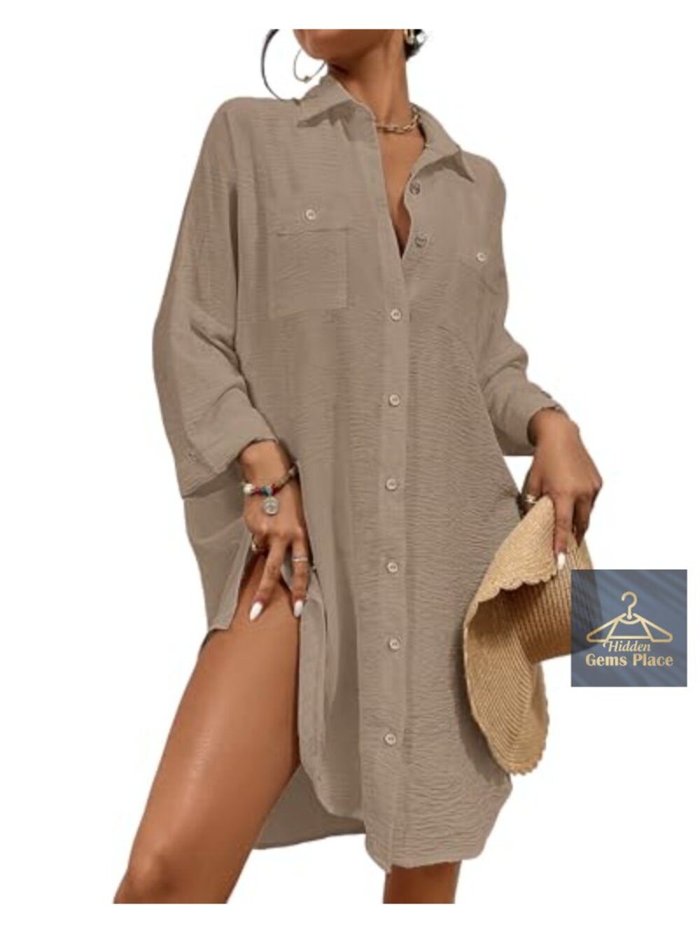 Women's Swim Cover Up Button Down Shirt Dress 3/4 Sleeve Lightweight Blouse